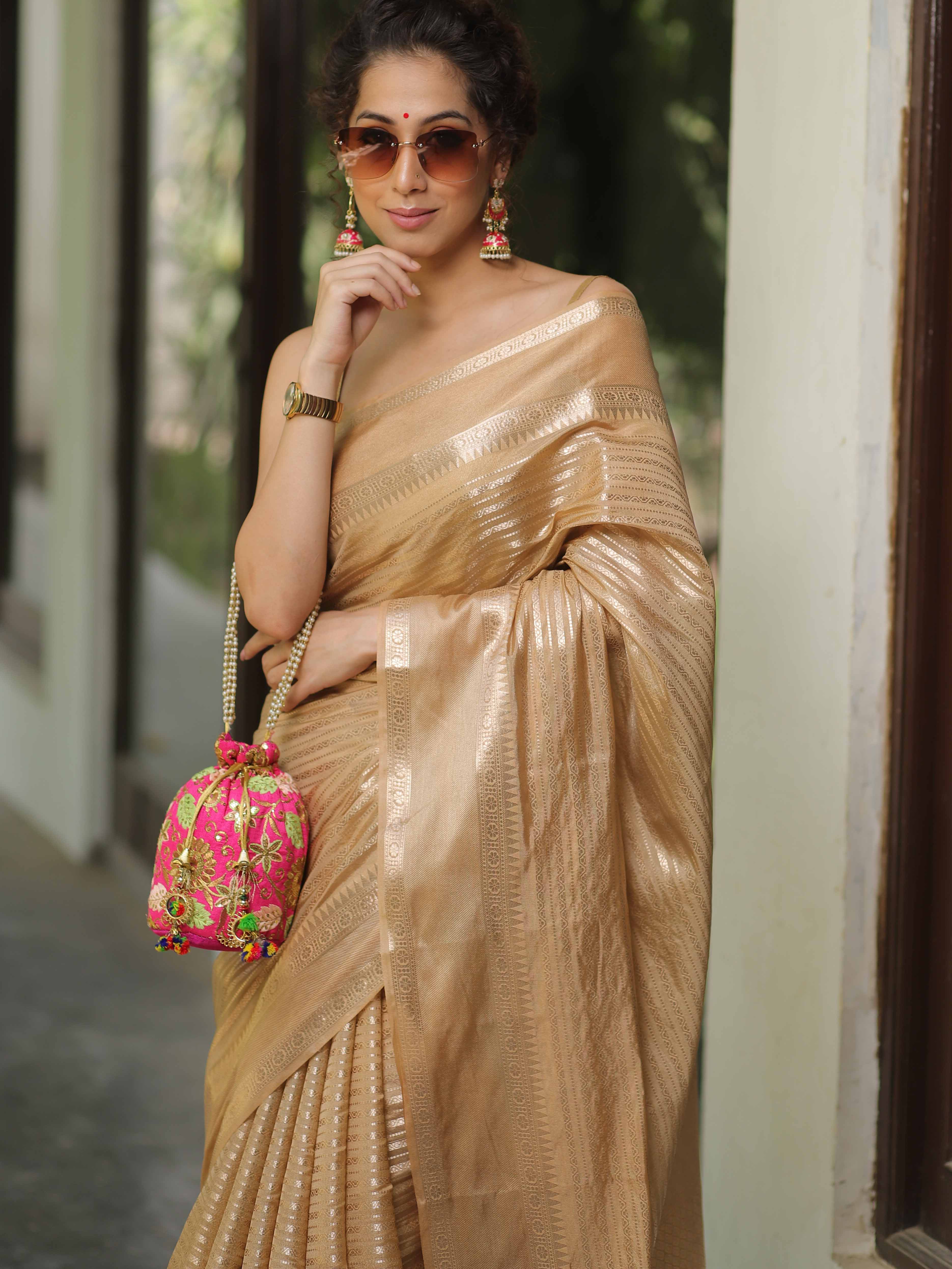 Banarasee Handwoven Semi Silk Saree With Stripes Design & Solid Border-Light Brown