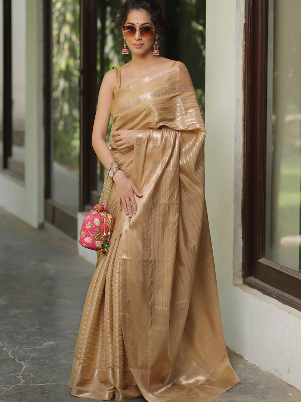 Banarasee Handwoven Semi Silk Saree With Stripes Design & Solid Border-Light Brown