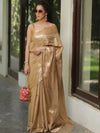 Banarasee Handwoven Semi Silk Saree With Stripes Design & Solid Border-Light Brown