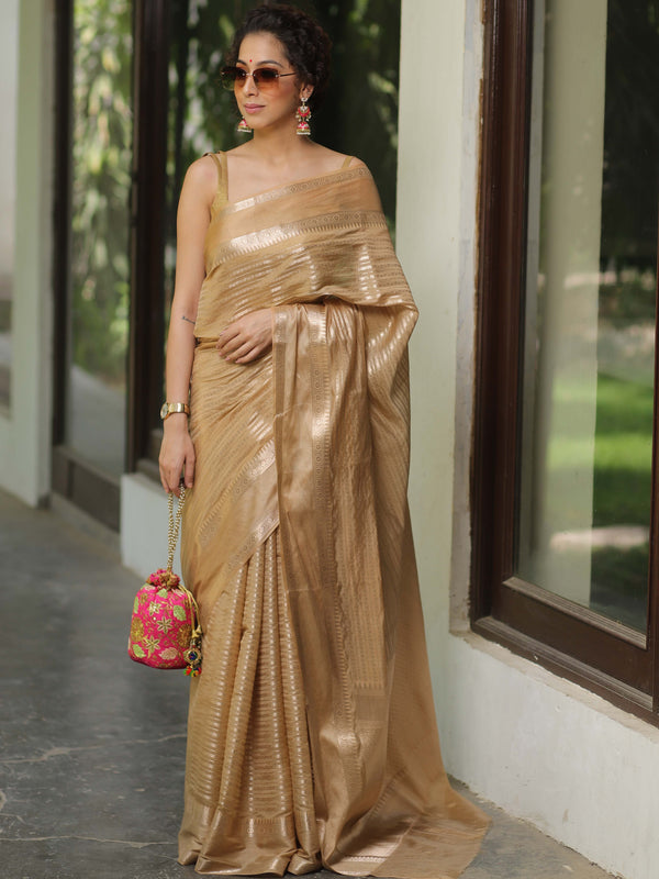 Banarasee Handwoven Semi Silk Saree With Stripes Design & Solid Border-Light Brown