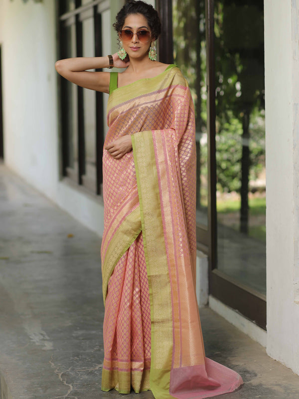 Banarasee Organza Silk Saree With Zari Motifs & Contrast Border-Pink & Green