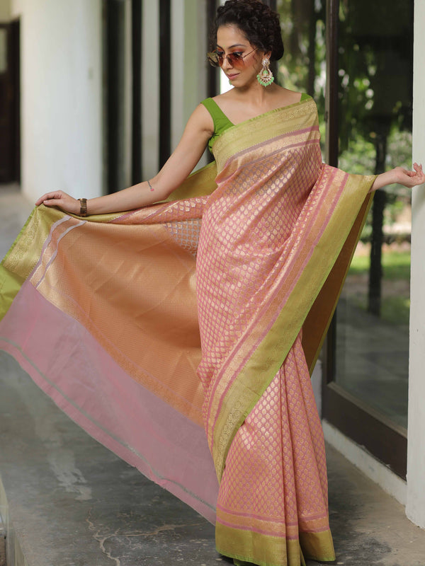 Banarasee Organza Silk Saree With Zari Motifs & Contrast Border-Pink & Green
