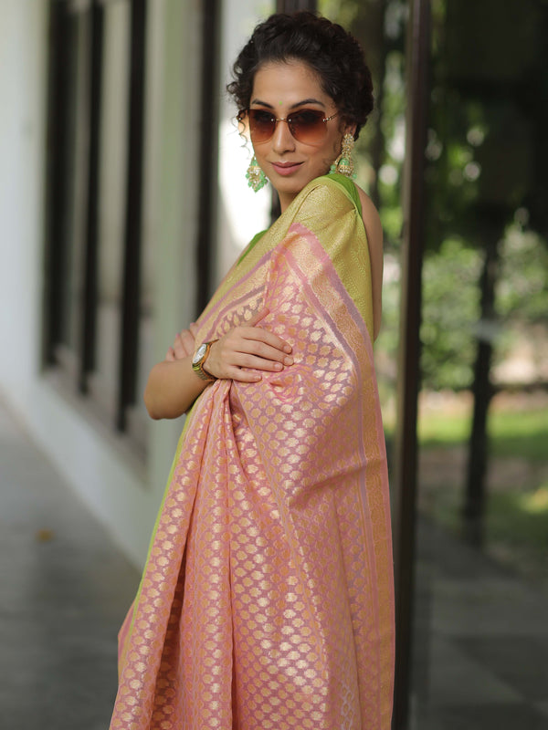 Banarasee Organza Silk Saree With Zari Motifs & Contrast Border-Pink & Green