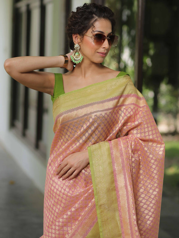 Banarasee Organza Silk Saree With Zari Motifs & Contrast Border-Pink & Green