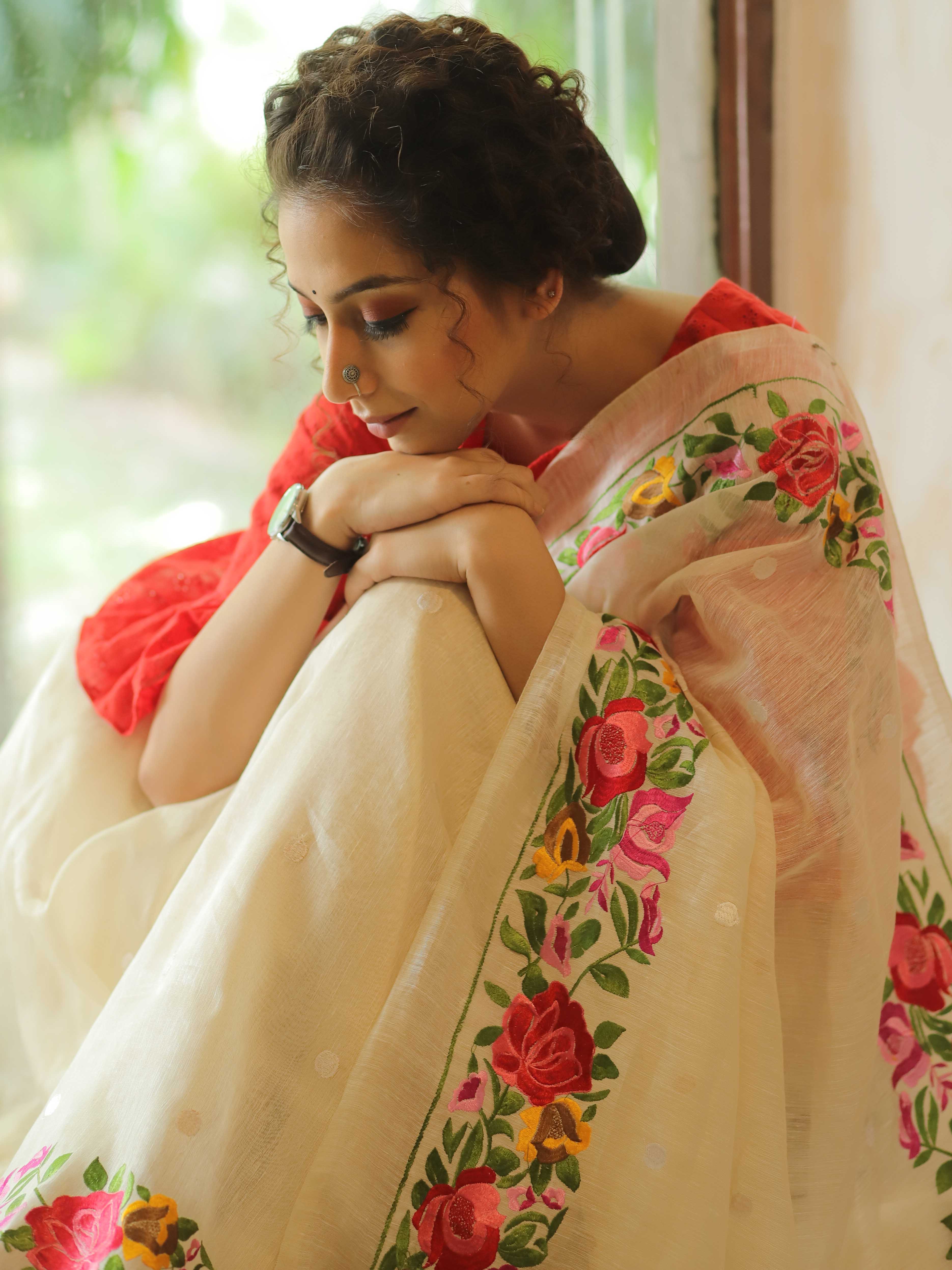 Bhagalpur Handloom Pure Linen By Mulberry Silk Saree With Embroidered Design-Ivory White
