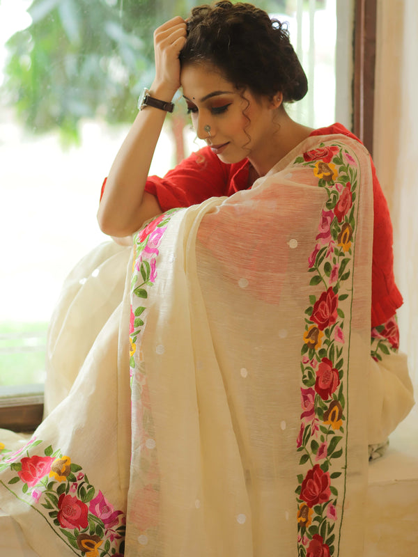 Bhagalpur Handloom Pure Linen By Mulberry Silk Saree With Embroidered Design-Ivory White