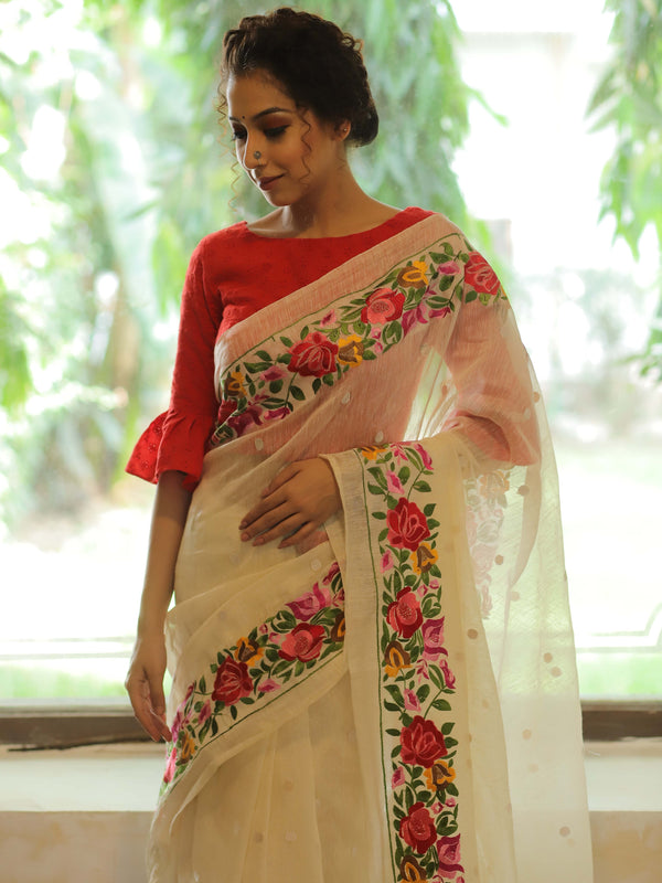 Bhagalpur Handloom Pure Linen By Mulberry Silk Saree With Embroidered Design-Ivory White
