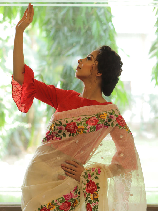 Bhagalpur Handloom Pure Linen By Mulberry Silk Saree With Embroidered Design-Ivory White