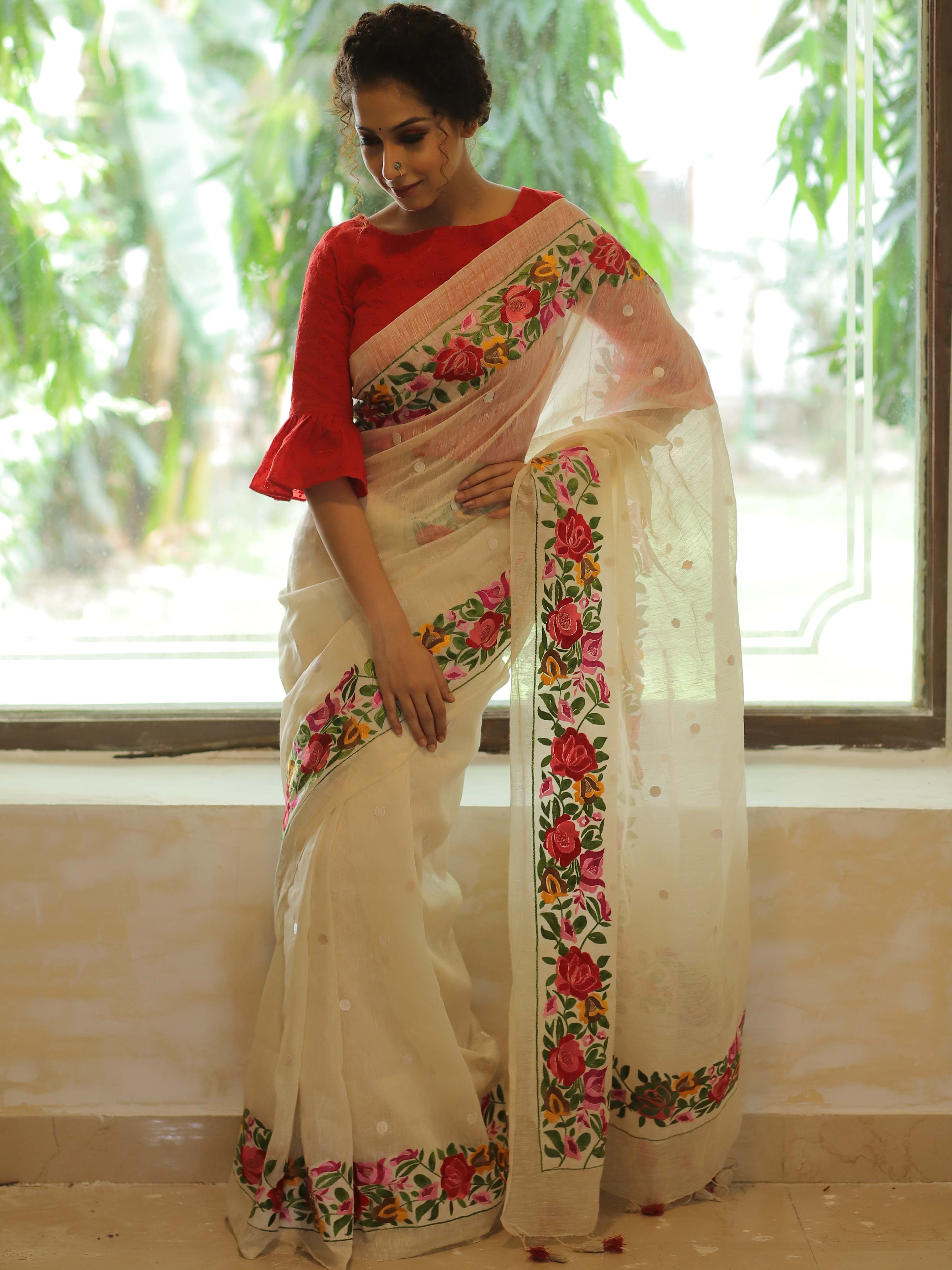 Bhagalpur Handloom Pure Linen By Mulberry Silk Saree With Embroidered Design-Ivory White