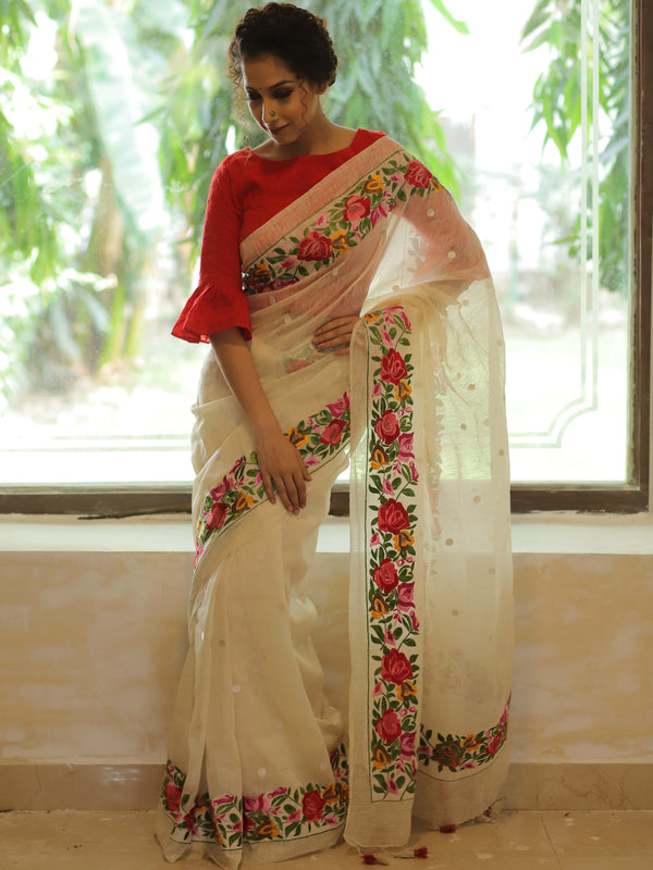 Bhagalpur Handloom Pure Linen By Mulberry Silk Saree With Embroidered Design-Ivory White