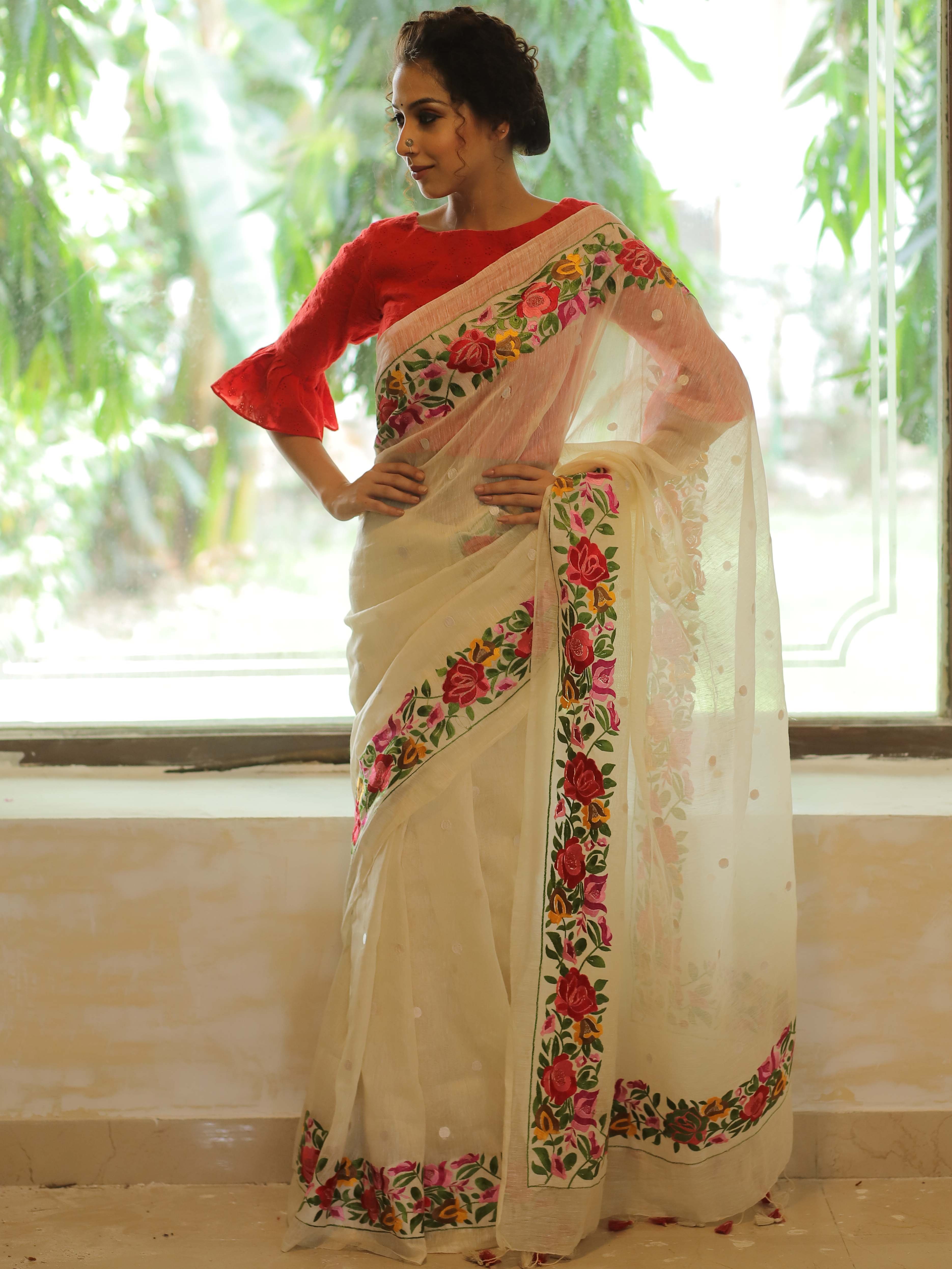 Bhagalpur Handloom Pure Linen By Mulberry Silk Saree With Embroidered Design-Ivory White