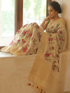 Bhagalpur Handloom Pure Linen By Mulberry Silk Saree With Embroidered Design-Ivory White