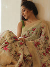 Bhagalpur Handloom Pure Linen By Mulberry Silk Saree With Embroidered Design-Ivory White