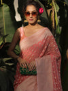 Banarasee Organza Silk Saree With Zari Motifs & Border-Peach