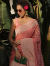 Banarasee Organza Silk Saree With Zari Motifs & Border-Peach