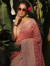 Banarasee Organza Silk Saree With Zari Motifs & Border-Peach