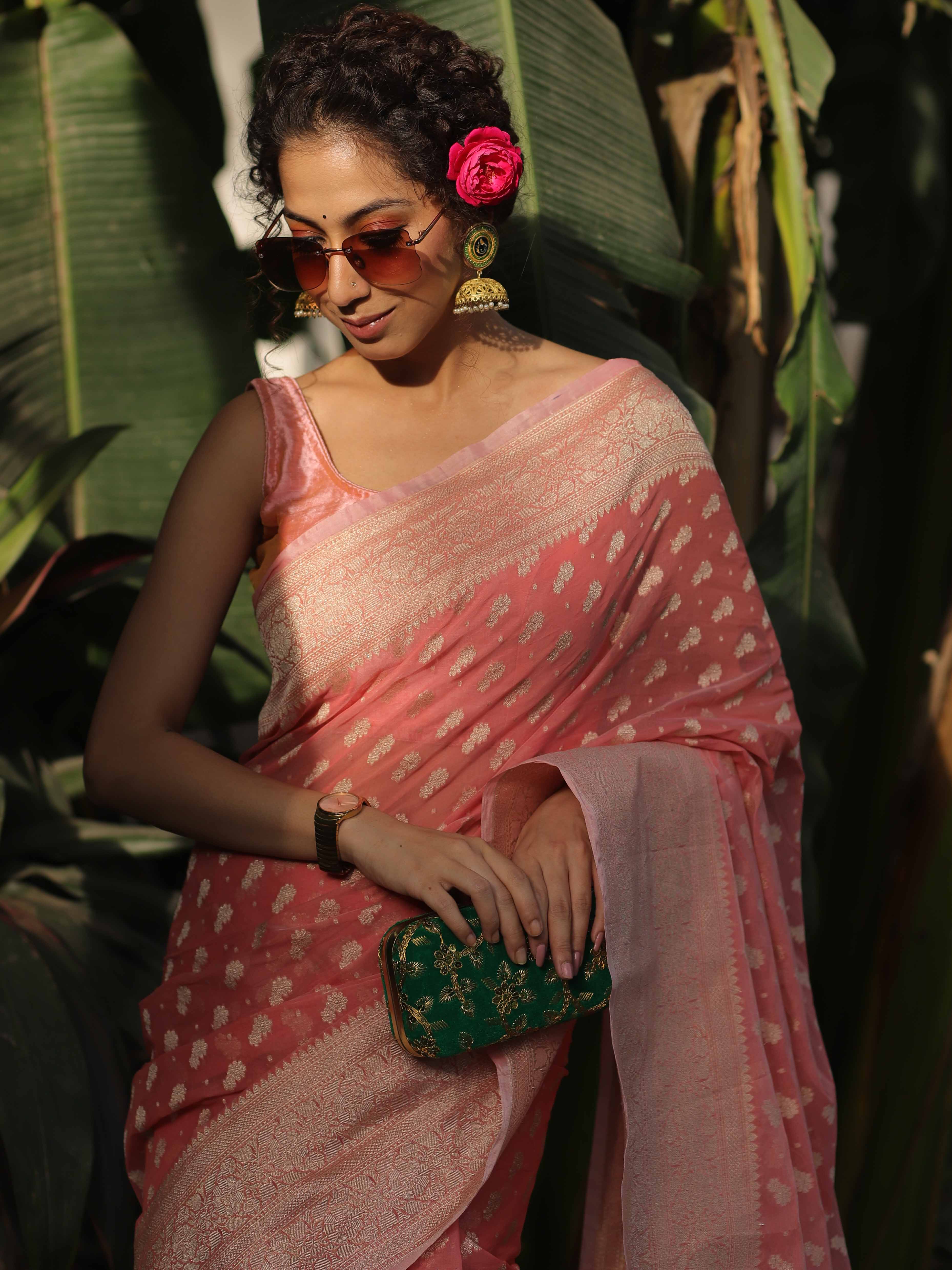Banarasee Organza Silk Saree With Zari Motifs & Border-Peach