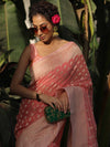 Banarasee Organza Silk Saree With Zari Motifs & Border-Peach