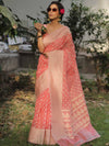 Banarasee Organza Silk Saree With Zari Motifs & Border-Peach