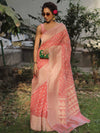 Banarasee Organza Silk Saree With Zari Motifs & Border-Peach