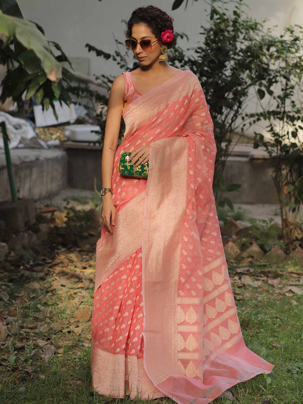 Banarasee Organza Silk Saree With Zari Motifs & Border-Peach