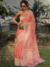 Banarasee Organza Silk Saree With Zari Motifs & Border-Peach