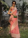 Banarasee Organza Silk Saree With Zari Motifs & Border-Peach