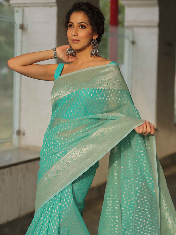 Banarasee Organza Silk Saree With Zari Motifs & Border-Sea Green