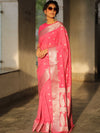 Banarasee Handwoven Semi-Chiffon Saree With Silver Zari Work-Pink