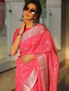 Banarasee Handwoven Semi-Chiffon Saree With Silver Zari Work-Pink