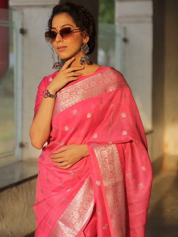 Banarasee Handwoven Semi-Chiffon Saree With Silver Zari Work-Pink