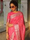 Banarasee Handwoven Semi-Chiffon Saree With Silver Zari Work-Pink
