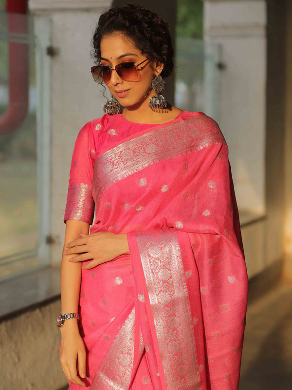 Banarasee Handwoven Semi-Chiffon Saree With Silver Zari Work-Pink