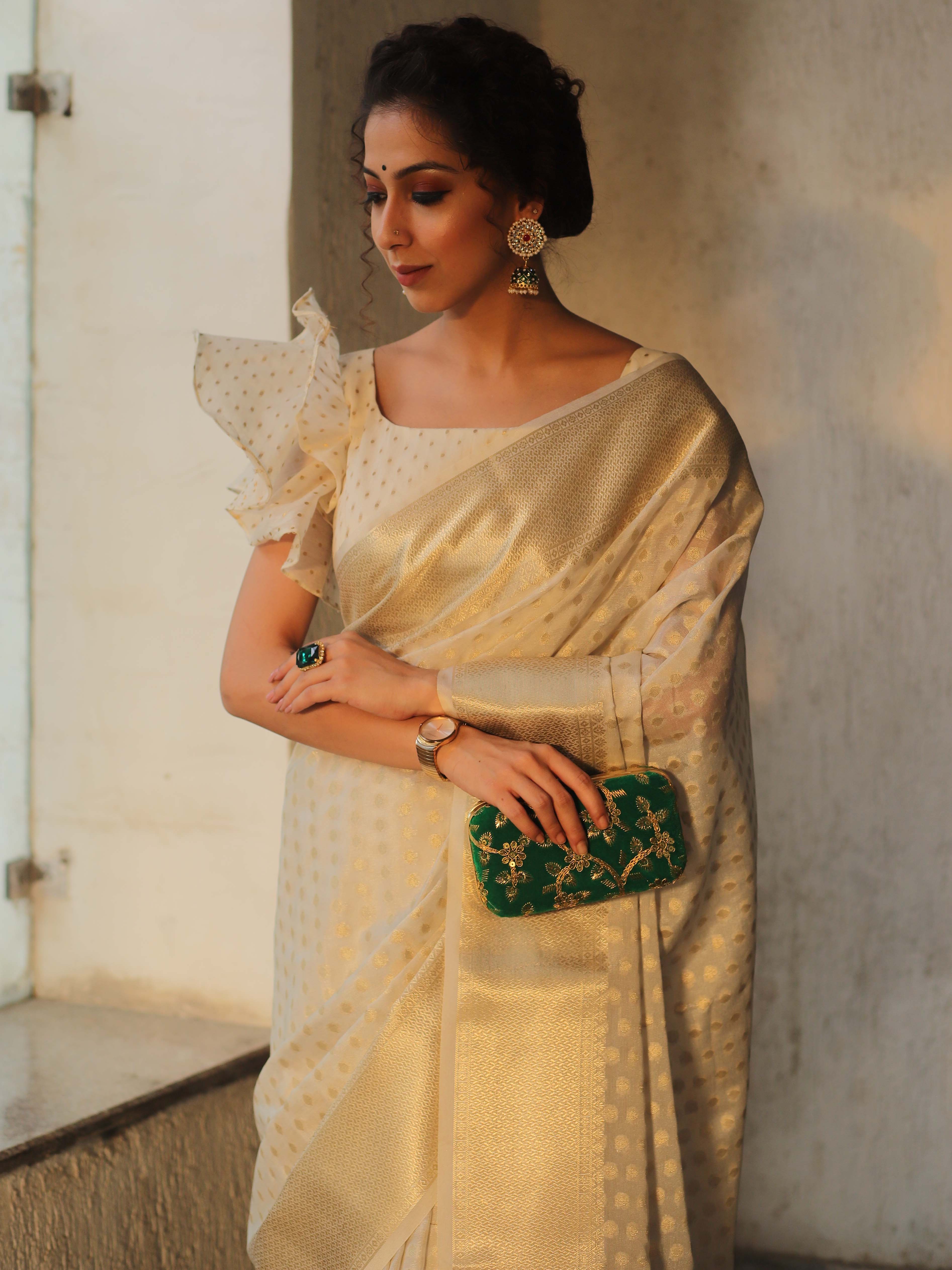 Banarasee Faux Georgette Saree With Gold Zari Buti & Border-White