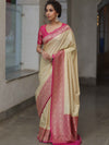 Banarasee Semi-Katan Zari Jaal & Contrast Border Saree-Cream & Pink