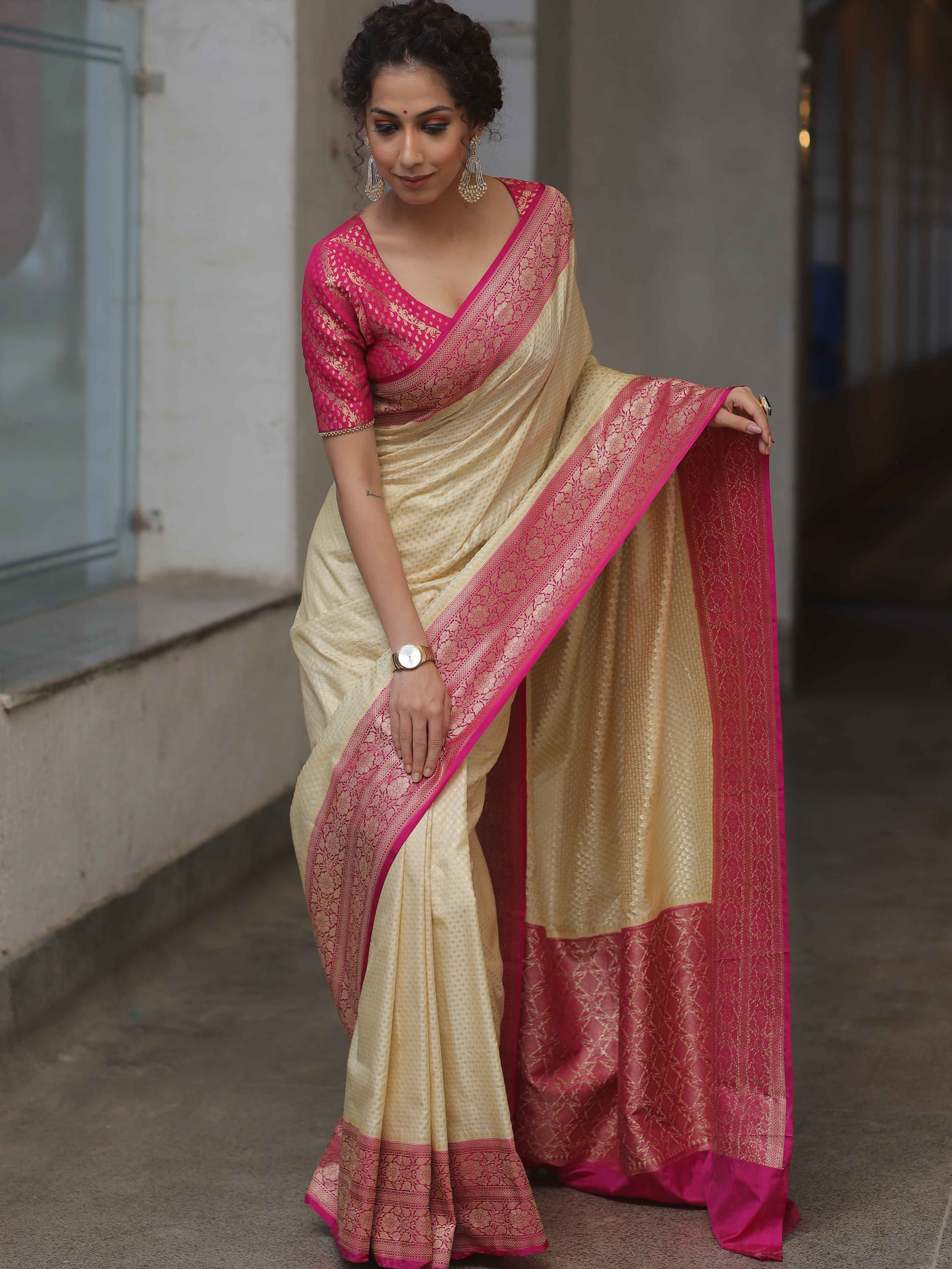 Banarasee Semi-Katan Zari Jaal & Contrast Border Saree-Cream & Pink