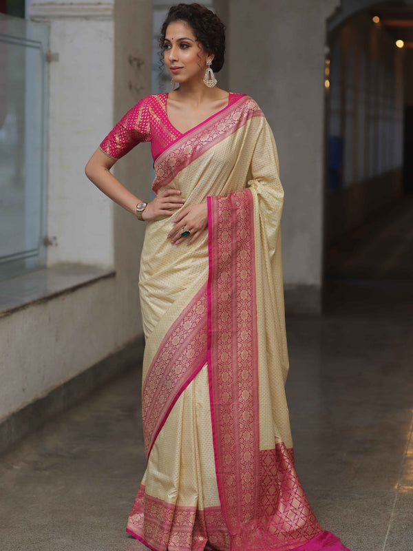 Banarasee Semi-Katan Zari Jaal & Contrast Border Saree-Cream & Pink