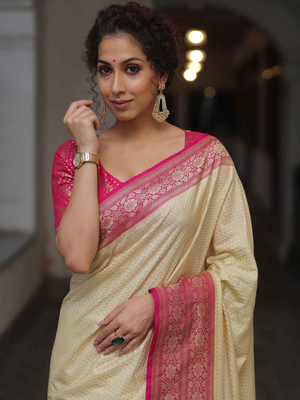 Banarasee Semi-Katan Zari Jaal & Contrast Border Saree-Cream & Pink