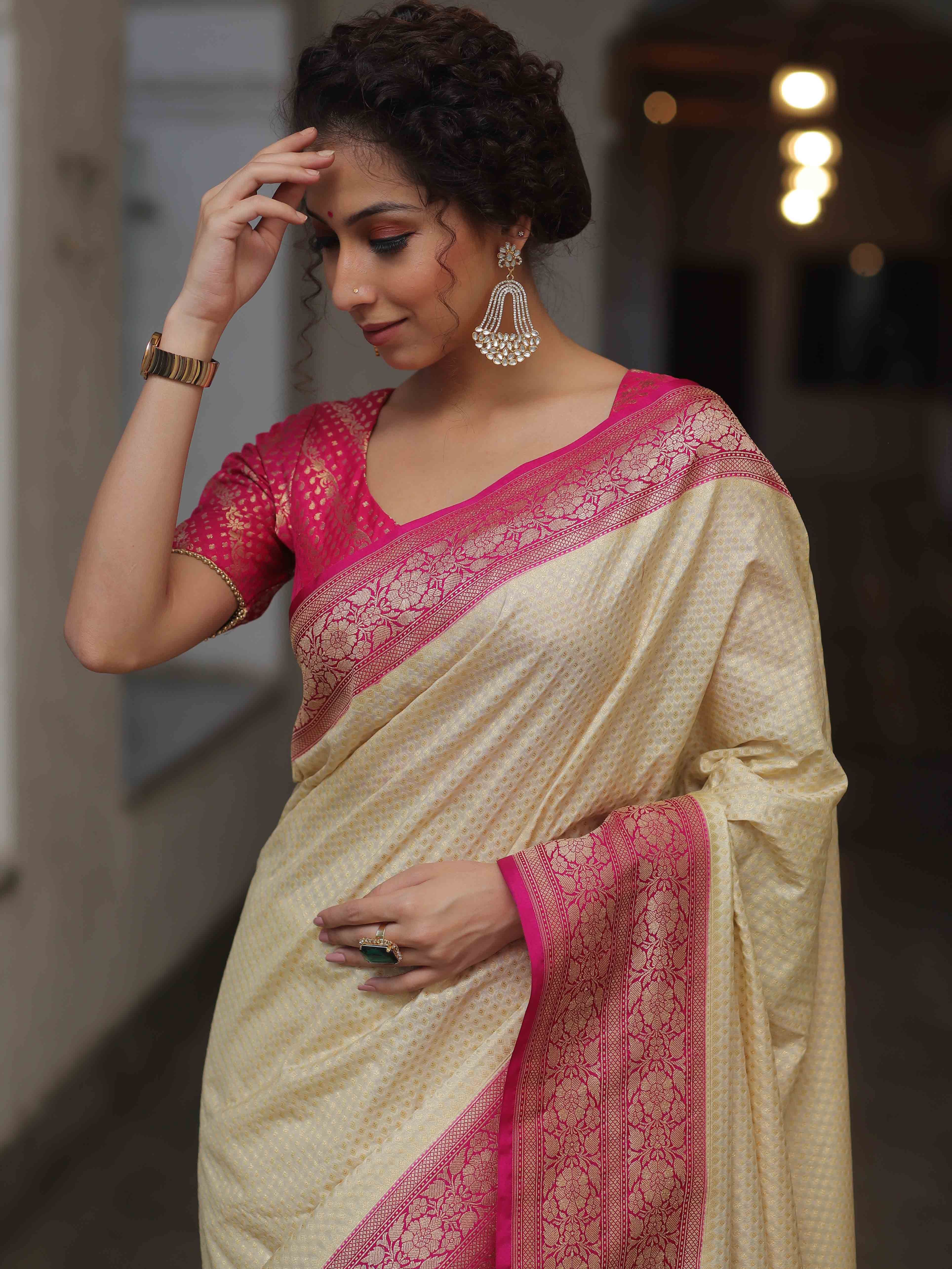 Banarasee Semi-Katan Zari Jaal & Contrast Border Saree-Cream & Pink