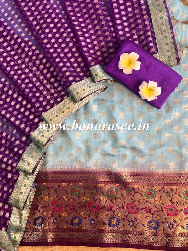 Banarasee Cotton Silk Salwar Kameez Fabric Paithani Border Design With Georgette Dupatta -Blue & Violet