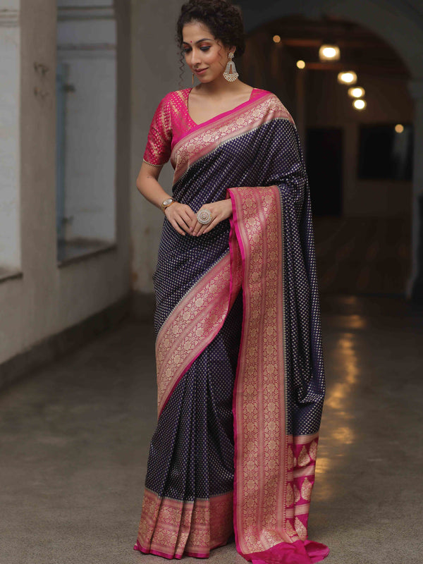 Banarasee Semi-Katan Zari Jaal & Contrast Border Saree-Blue & Pink