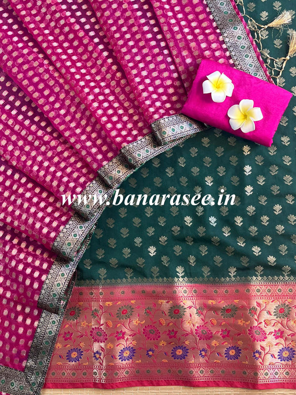 Banarasee Cotton Silk Salwar Kameez Fabric Paithani Border Design With Georgette Dupatta-Green & Pink