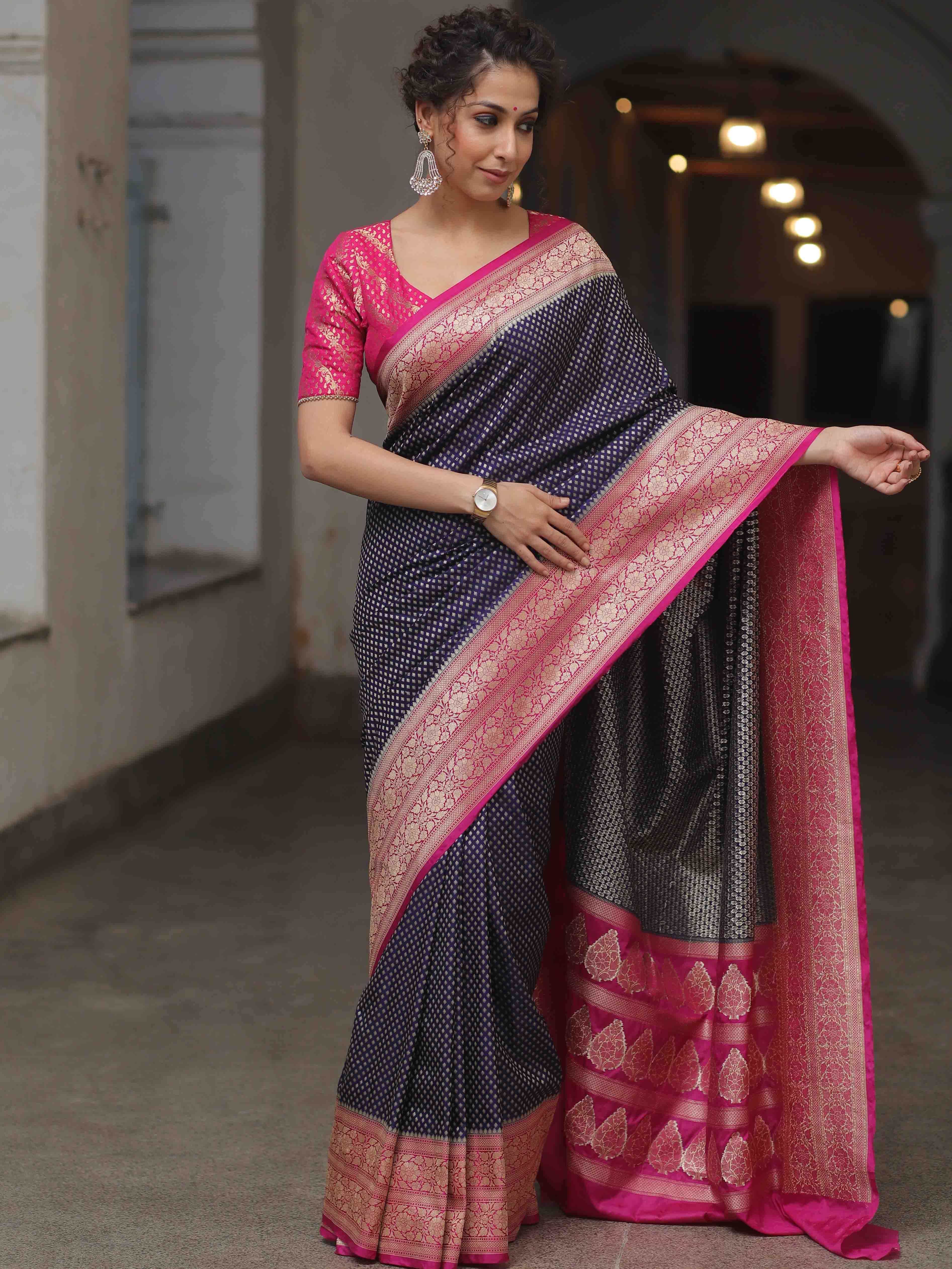 Banarasee Semi-Katan Zari Jaal & Contrast Border Saree-Blue & Pink