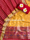 Banarasee Cotton Silk Salwar Kameez Fabric Paithani Border Design With Georgette Dupatta -Red & Yellow