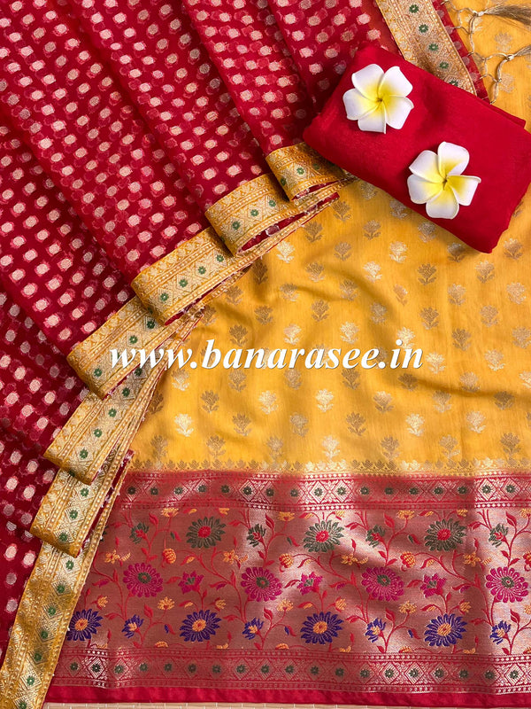 Banarasee Cotton Silk Salwar Kameez Fabric Paithani Border Design With Georgette Dupatta -Red & Yellow