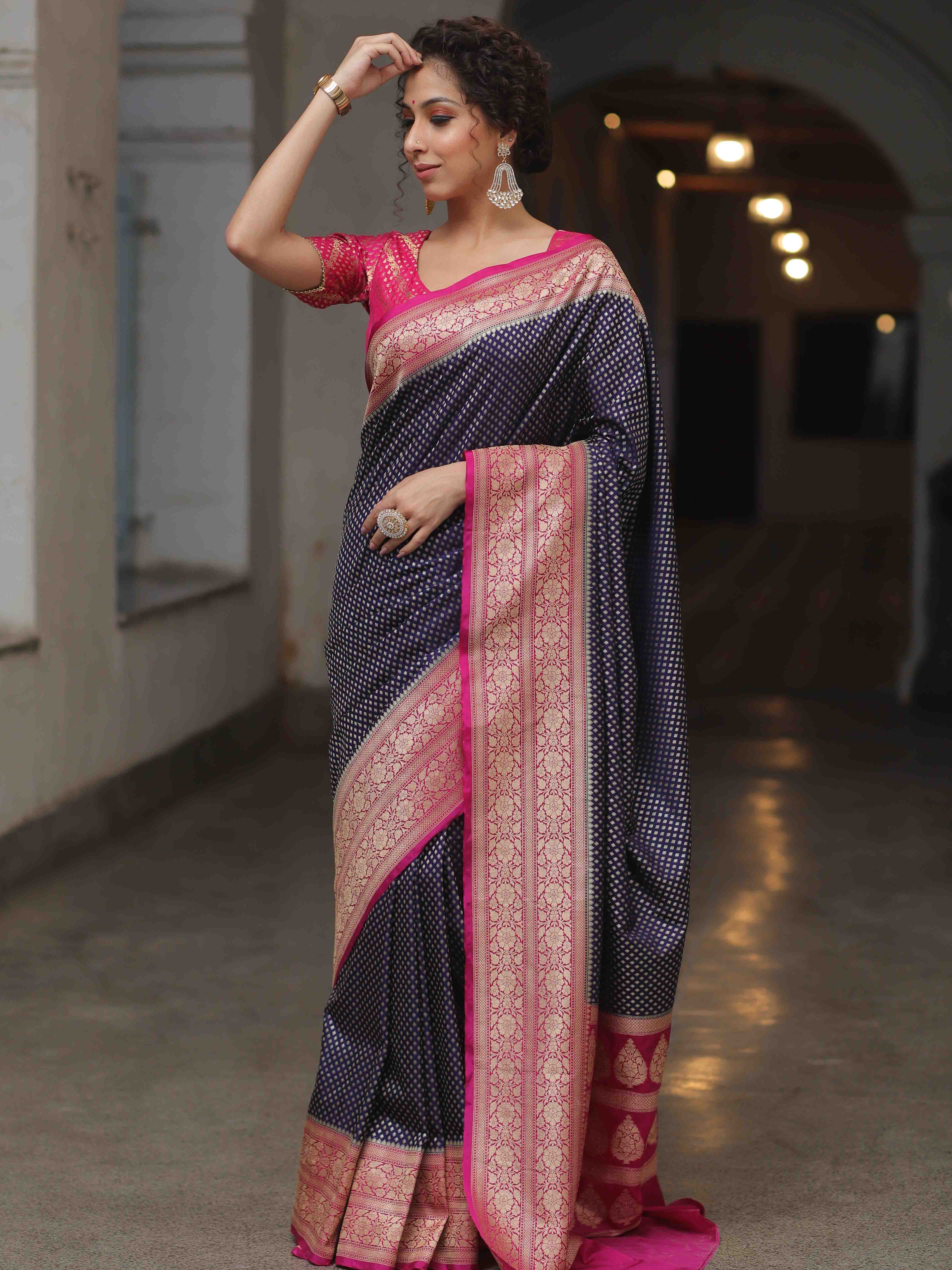 Banarasee Semi-Katan Zari Jaal & Contrast Border Saree-Blue & Pink