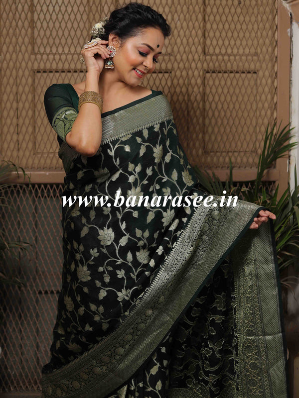 Banarasee Handwoven Semi-Chiffon Saree With Zari Jaal Work-Green