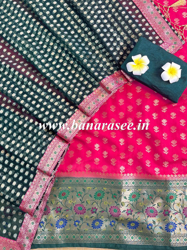 Banarasee Cotton Silk Salwar Kameez Fabric Paithani Border Design With Georgette Dupatta -Pink & Green