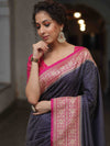 Banarasee Semi-Katan Zari Jaal & Contrast Border Saree-Blue & Pink