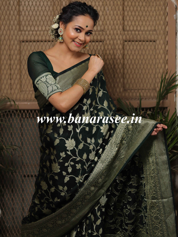 Banarasee Handwoven Semi-Chiffon Saree With Zari Jaal Work-Green